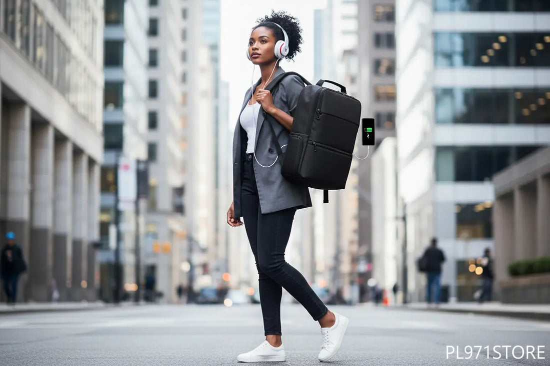 Femme professionnelle avec sac à dos anti-vol ordinateur en ville
