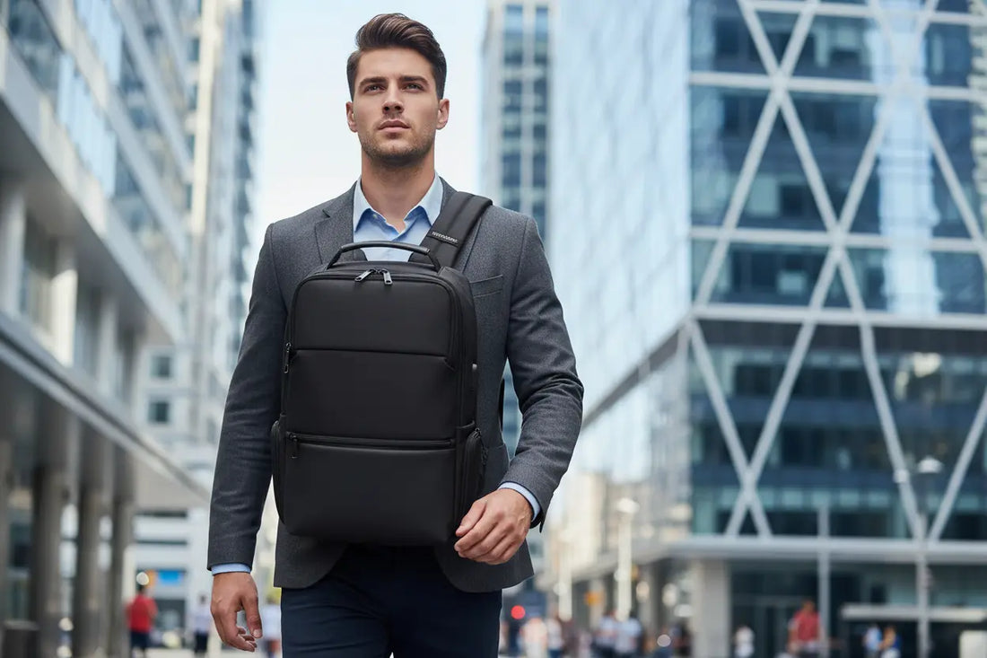 Homme professionnel en ville avec sac à dos de travail organisé