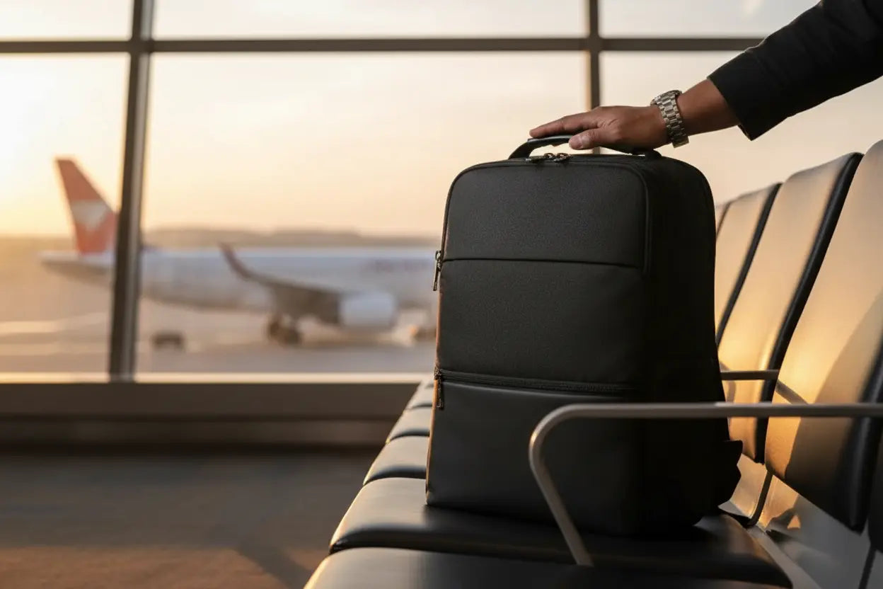 Voyageur à l’aéroport avec sac à dos ordinateur portable sécurisé