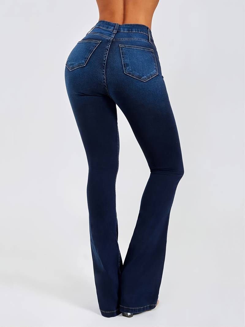 Jean Évasé Taille Haute Femme Effet Délavé Foncé - Pantalon Bootcut Stretch Confort PL971STORE
