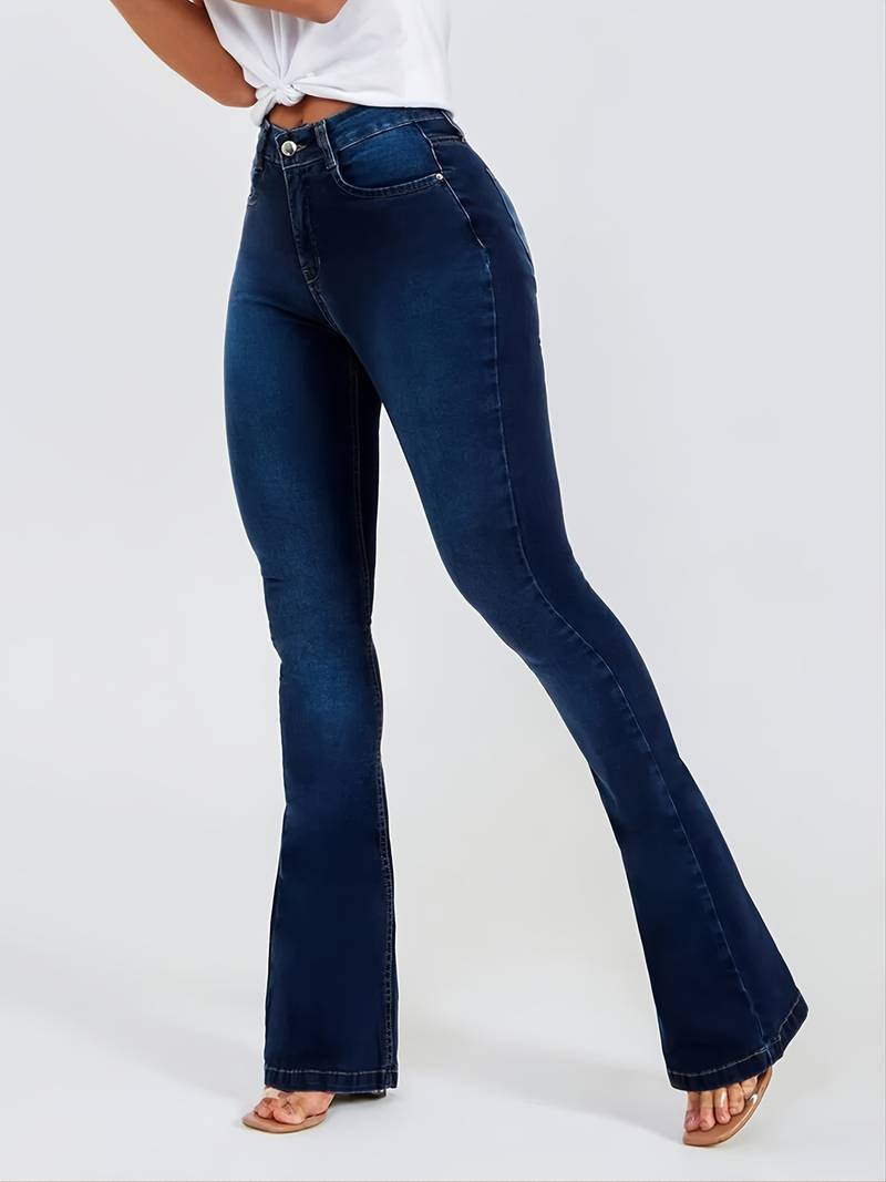 Jean Évasé Taille Haute Femme Effet Délavé Foncé - Pantalon Bootcut Stretch Confort PL971STORE