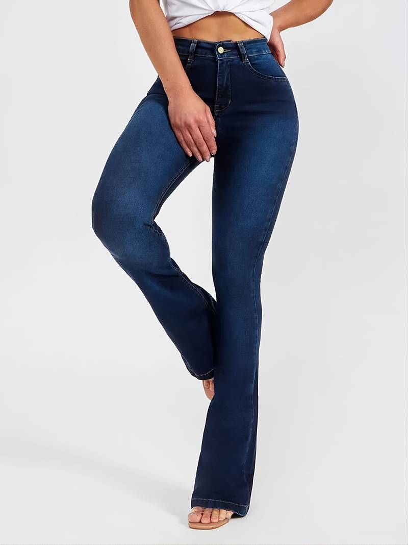 Jean Évasé Taille Haute Femme Effet Délavé Foncé - Pantalon Bootcut Stretch Confort PL971STORE