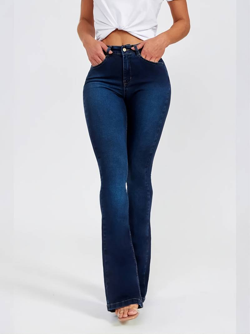 Jean Évasé Taille Haute Femme Effet Délavé Foncé - Pantalon Bootcut Stretch Confort PL971STORE