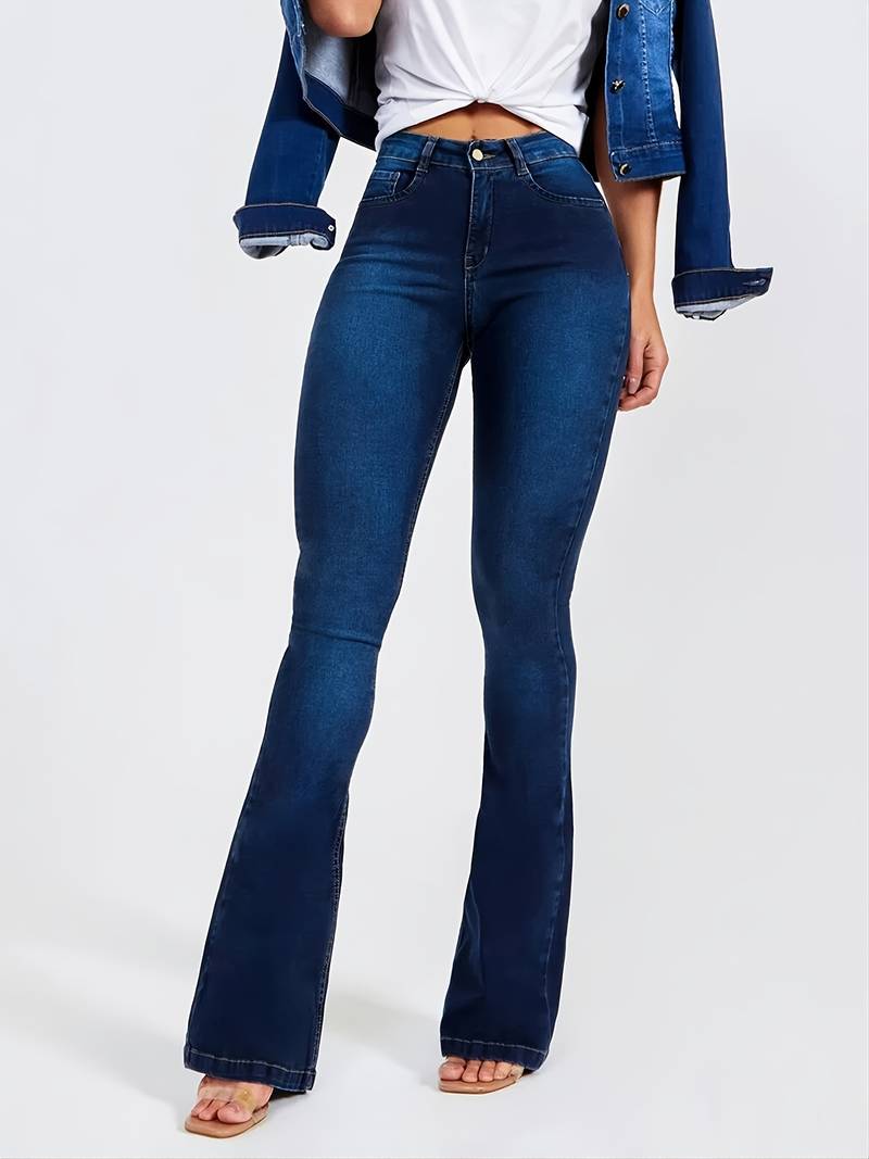 Jean Évasé Taille Haute Femme Effet Délavé Foncé - Pantalon Bootcut Stretch Confort PL971STORE