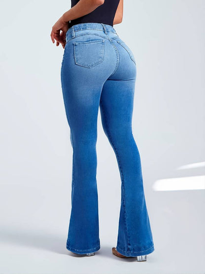 Jean Évasé Taille Haute Femme Effet Délavé Foncé - Pantalon Bootcut Stretch Confort PL971STORE