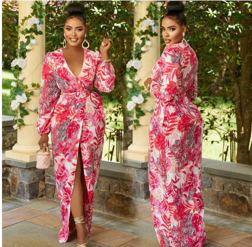 Robe Longue Col V Imprimée – Manches Longues Taille Nouée PL971STORE