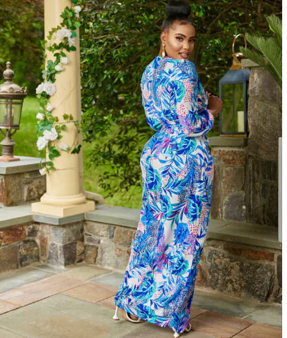 Robe Longue Col V Imprimée – Manches Longues Taille Nouée PL971STORE