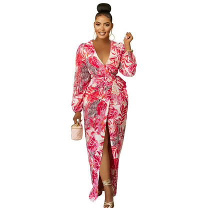Robe Longue Col V Imprimée – Manches Longues Taille Nouée PL971STORE