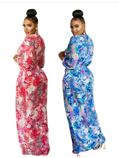 Robe Longue Col V Imprimée – Manches Longues Taille Nouée PL971STORE