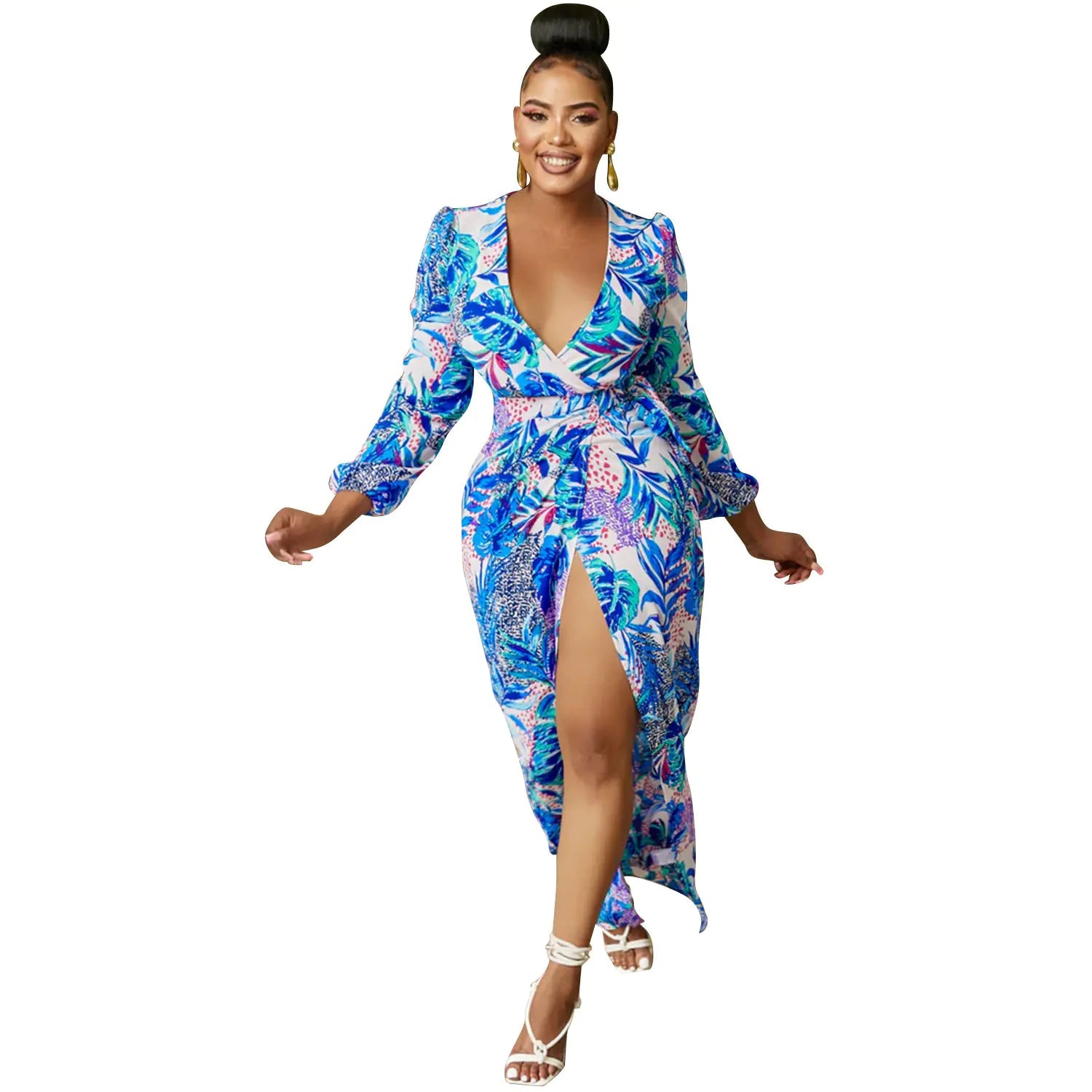 Robe Longue Col V Imprimée – Manches Longues Taille Nouée PL971STORE