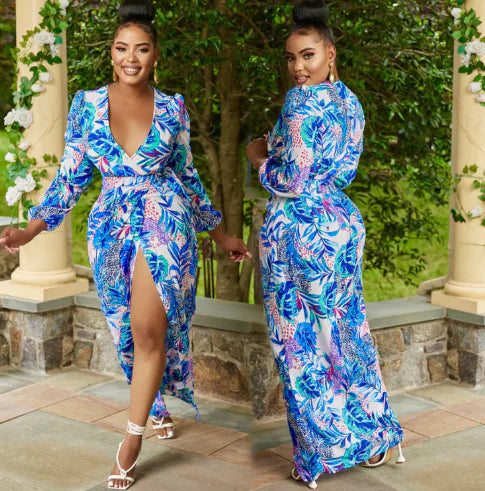 Robe Longue Col V Imprimée – Manches Longues Taille Nouée PL971STORE