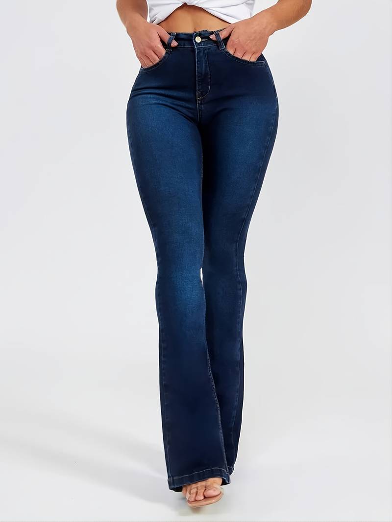 Jean Évasé Taille Haute Femme Effet Délavé Foncé - Pantalon Bootcut Stretch Confort PL971STORE