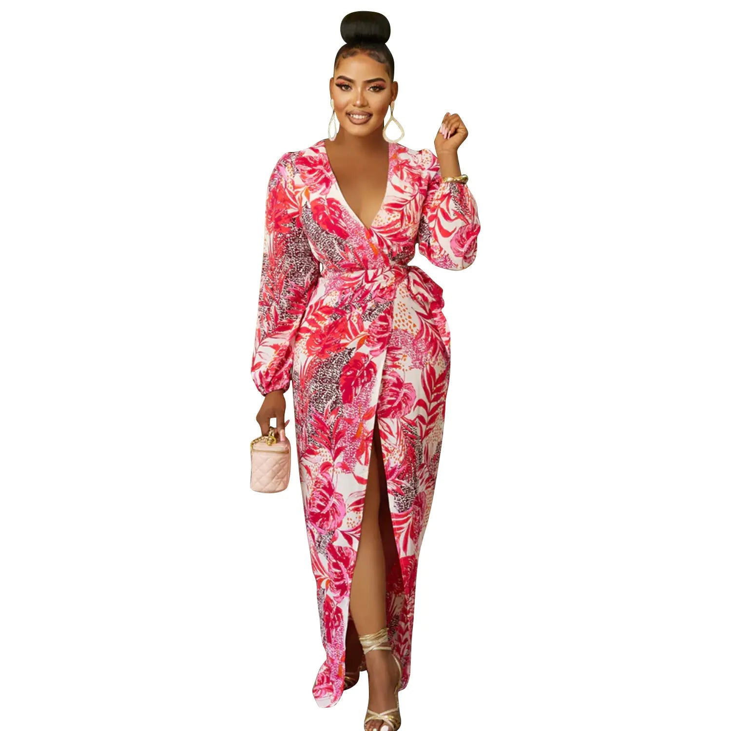 Robe Longue Col V Imprimée – Manches Longues Taille Nouée PL971STORE