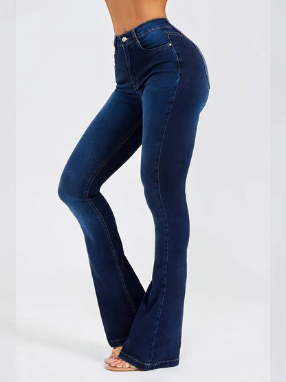 Jean Évasé Taille Haute Femme Effet Délavé Foncé - Pantalon Bootcut Stretch Confort PL971STORE