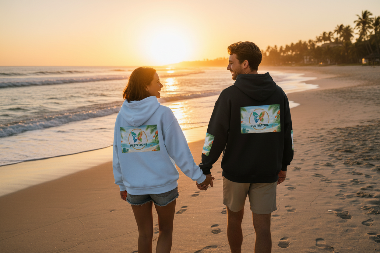 Couple portant les hoodies Beach Logo PL971STORE sur la plage au sunset - Lifestyle romantique et décontracté