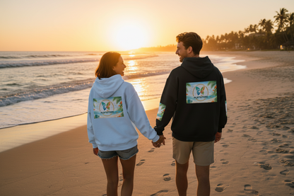 Couple portant les hoodies Beach Logo PL971STORE sur la plage au sunset - Lifestyle romantique et décontracté