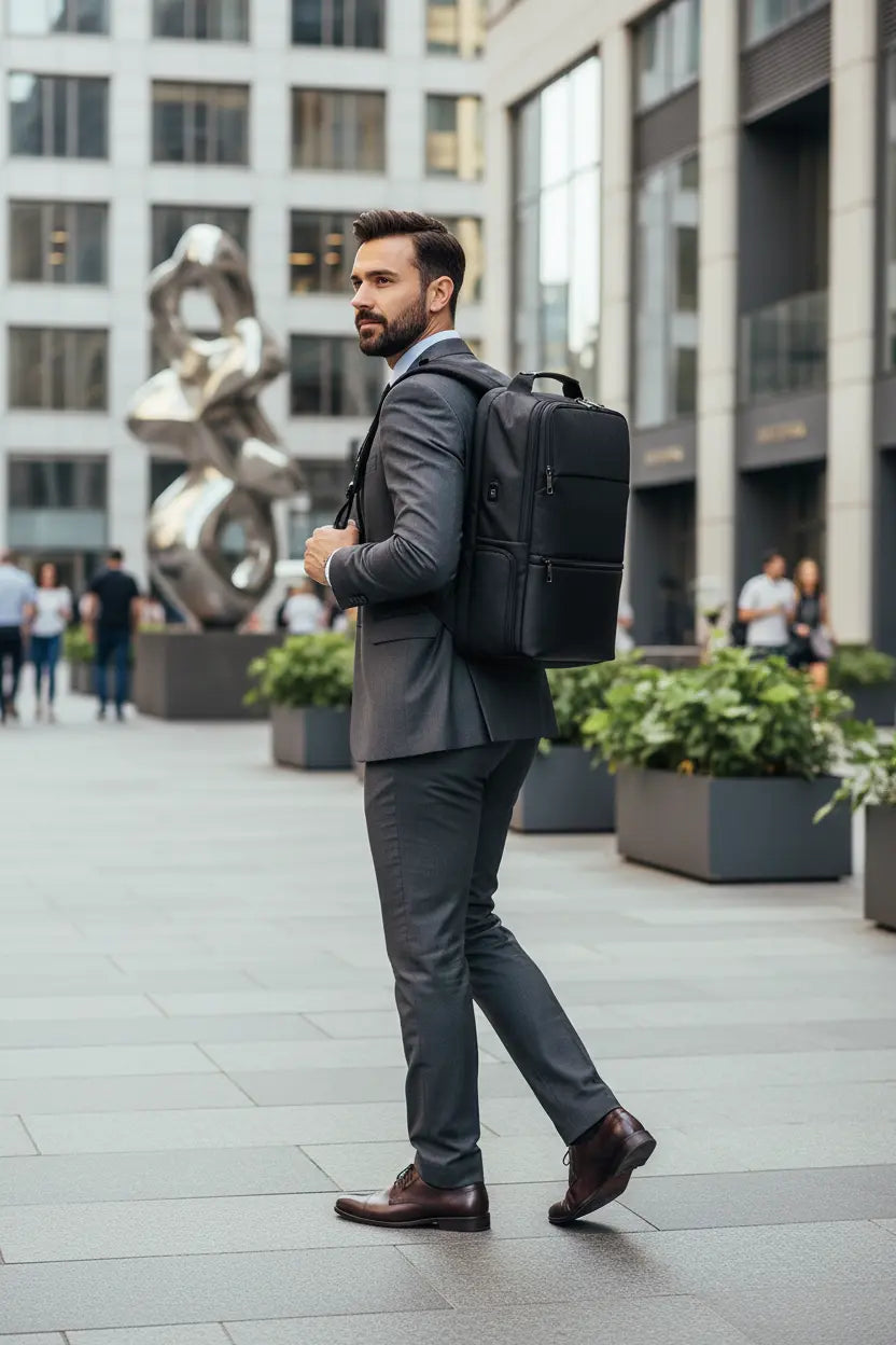 Sac à dos ordinateur portable sécurisé porté par un professionnel en ville