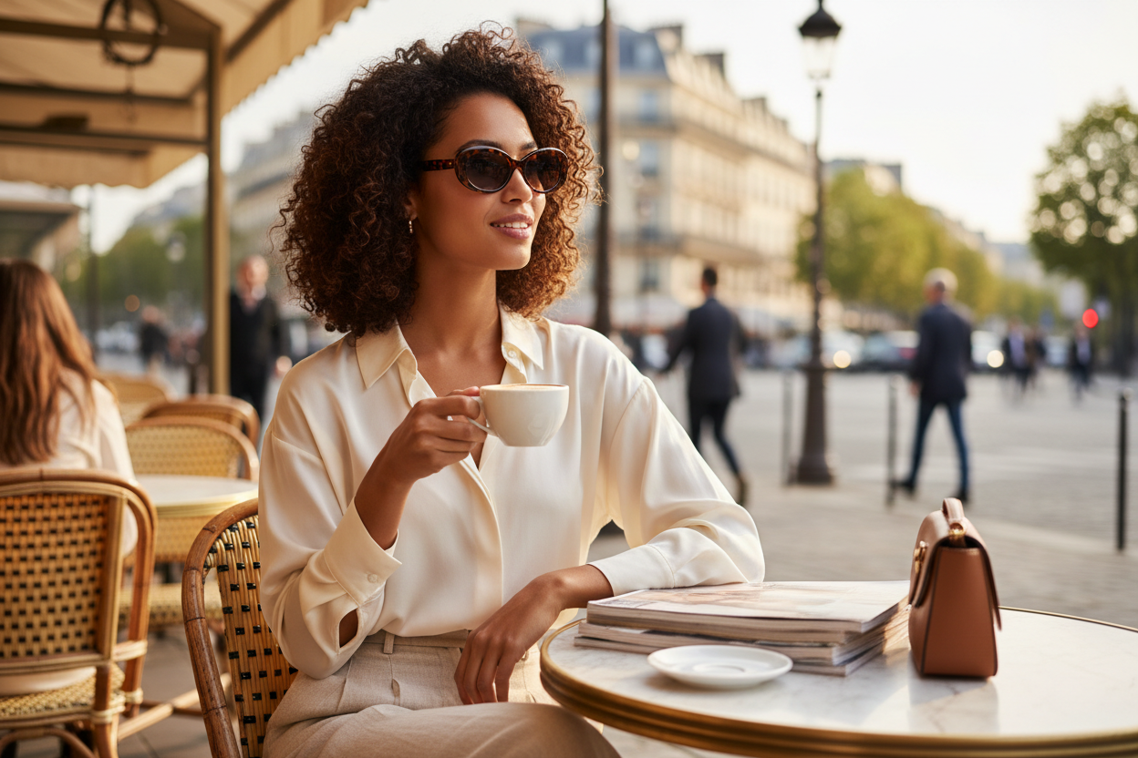 Femme élégante portant des lunettes ovales à la terrasse d'un café parisien