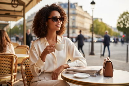 Femme élégante portant des lunettes ovales à la terrasse d'un café parisien