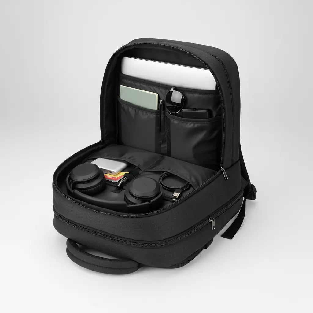 Intérieur du sac à dos ordinateur portable sécurisé avec laptop et accessoires