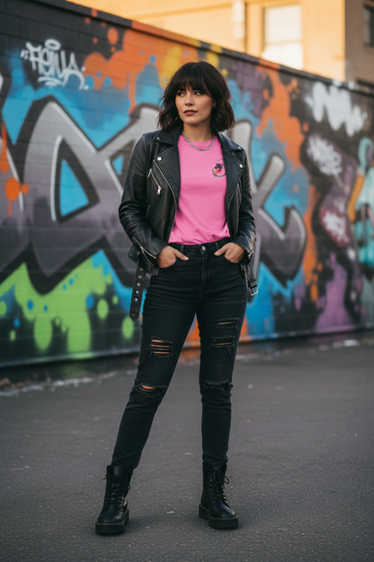 Femme en t-shirt Panther rose avec veste en cuir devant un mur de street art - Look rock chic urbain