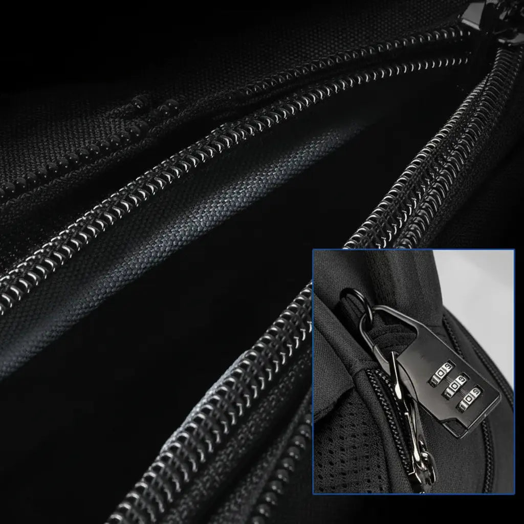 Détail texture et coutures premium du sac à dos ordinateur portable sécurisé