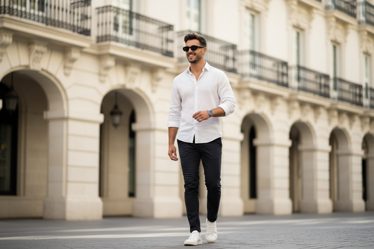 Homme portant des lunettes de soleil ovales en ville - Style urbain moderne