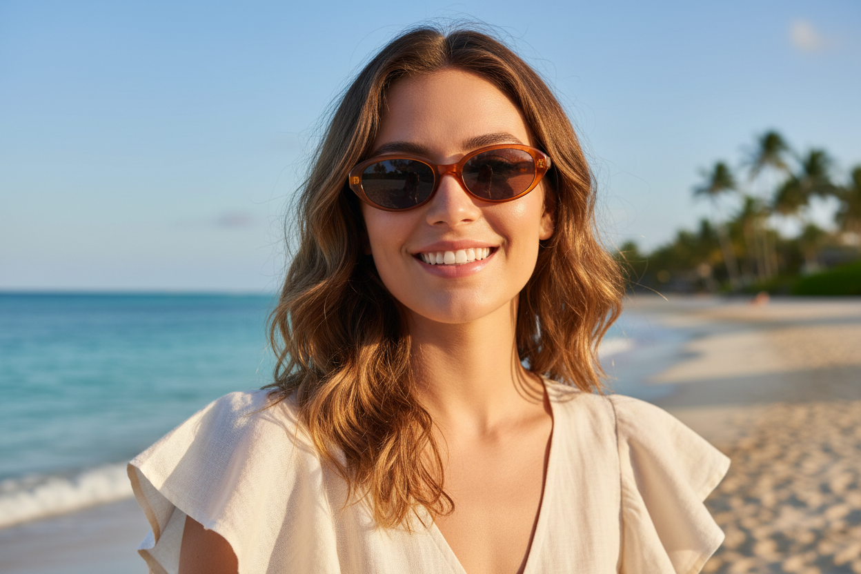 Femme portant des lunettes de soleil ovales UV400 sur une plage tropicale - Protection solaire premium