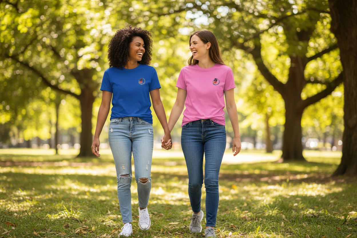 Deux amies portant les t-shirts Panther dans un parc ensoleillé - Moment amitié et lifestyle authentique