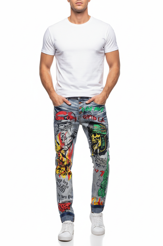 Homme portant Jean Skinny Tie & Dye Premium avec graffiti - Vue de face lifestyle