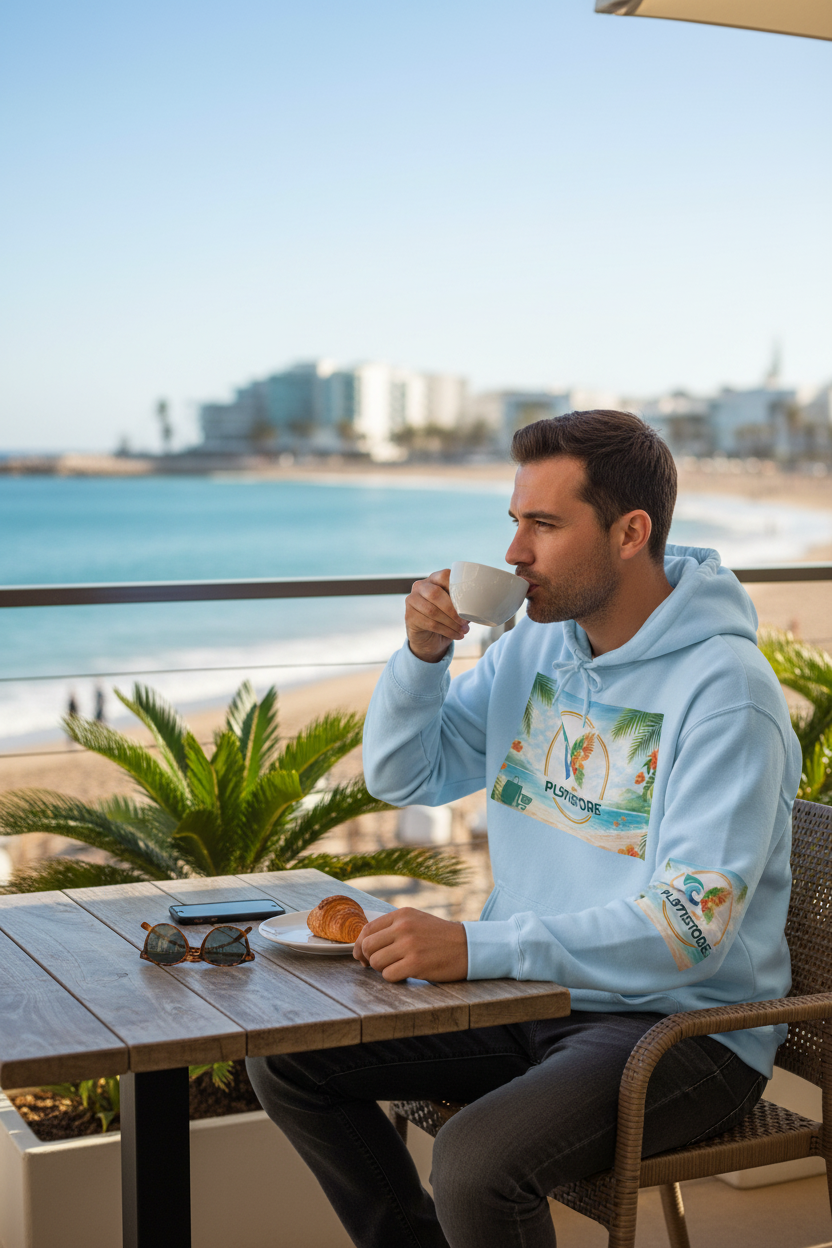 Homme en hoodie Beach Logo PL971STORE bleu clair au café en bord de mer - Style urbain décontracté