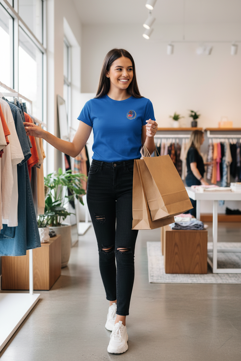 Jeune femme shopping en boutique portant le t-shirt Panther bleu royal - Style casual chic
