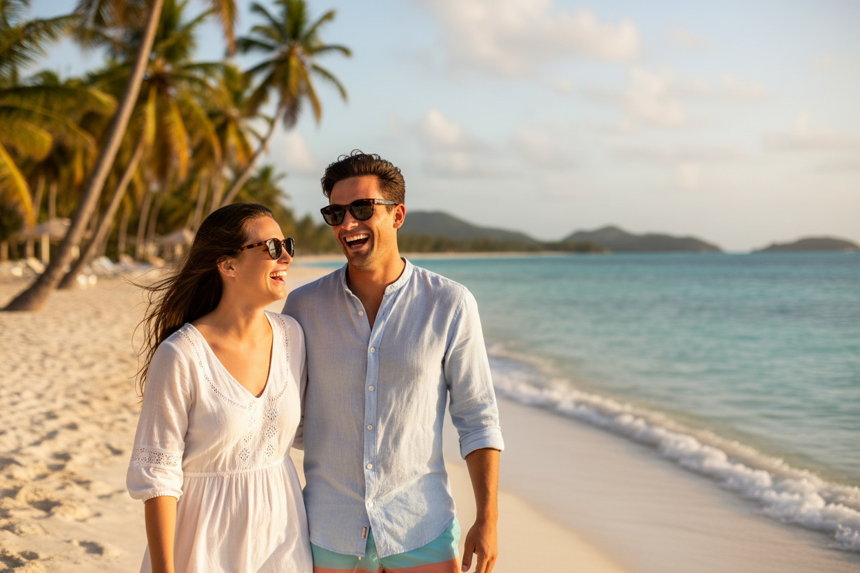 Couple heureux portant des lunettes de soleil ovales aux Caraïbes - Design unisexe