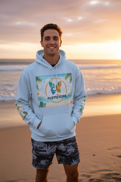 Homme portant le hoodie Beach Logo PL971STORE bleu clair sur la plage au coucher du soleil - Style surf lifestyle authentique