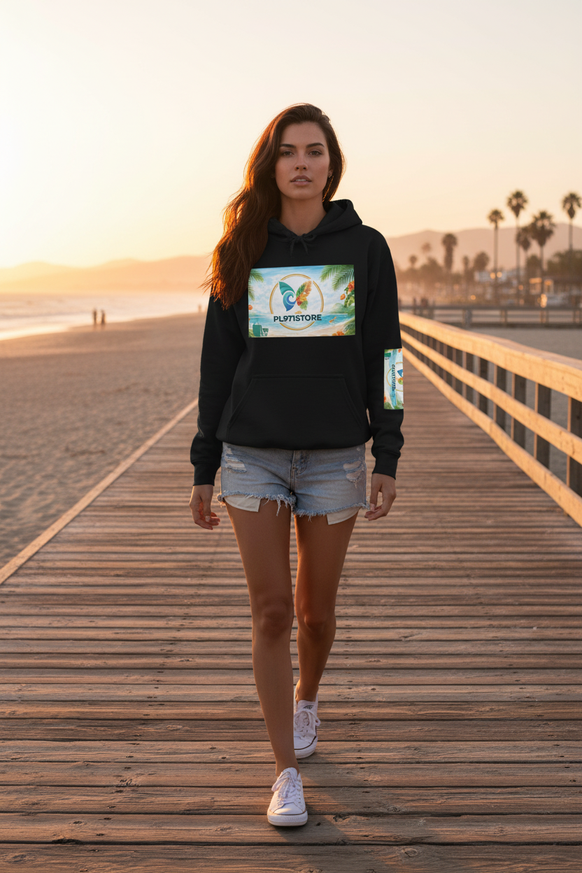 Femme stylée portant le hoodie Beach Logo PL971STORE noir sur le boardwalk - Beach lifestyle moderne