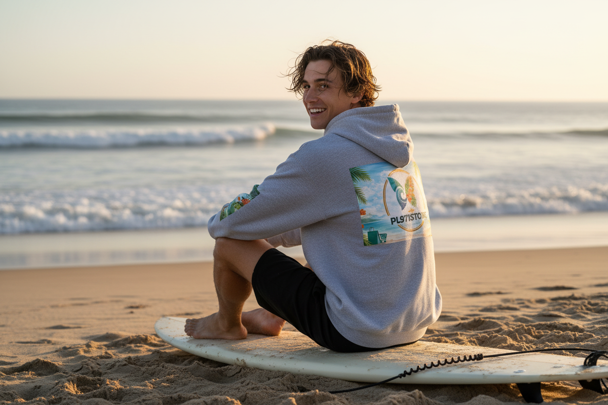 Surfeur en hoodie Beach Logo PL971STORE gris assis sur sa planche - Moment authentique après session