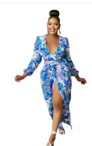 Robe Longue Col V Imprimée – Manches Longues Taille Nouée PL971STORE